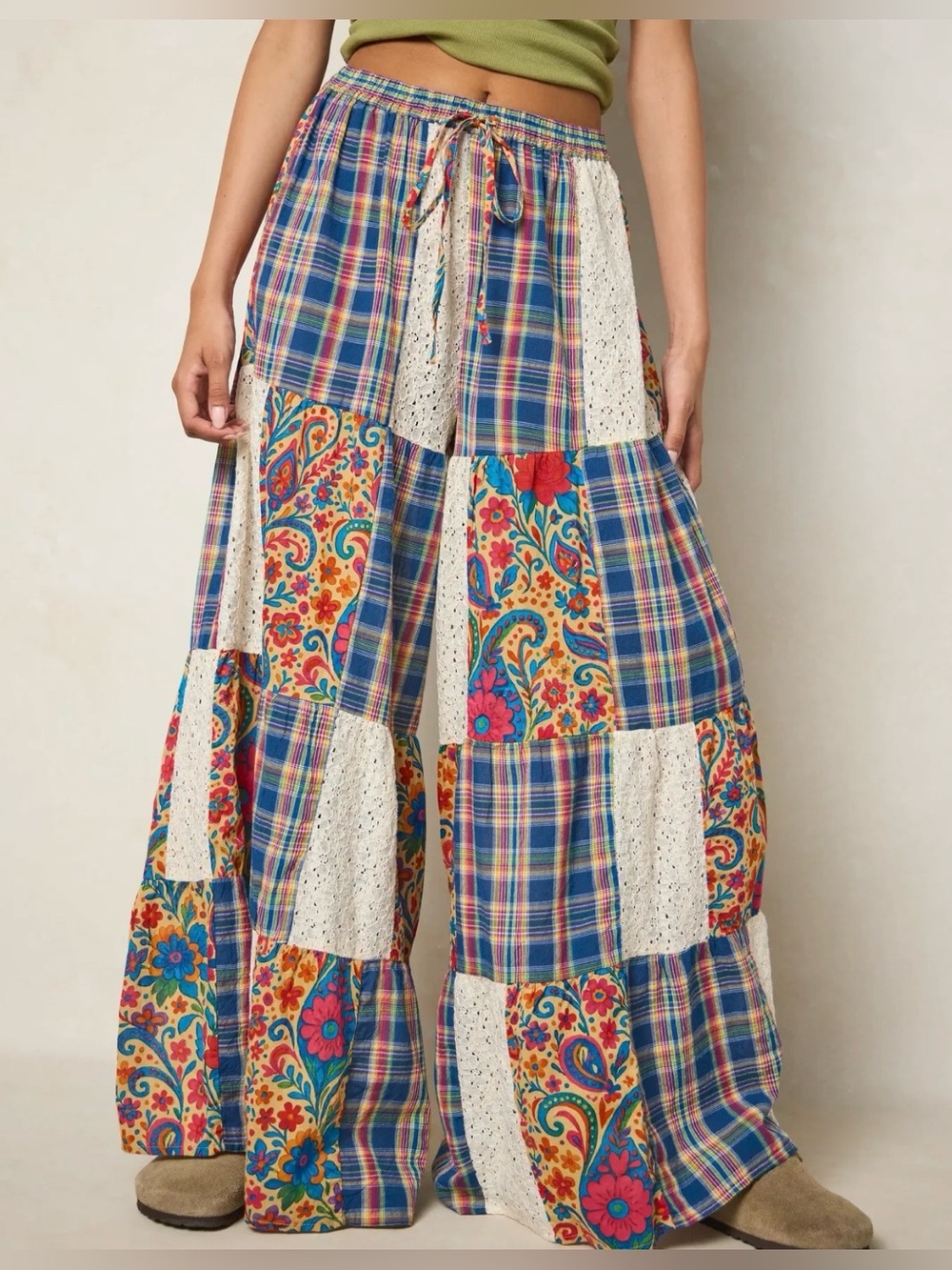 Natural Life Patchwork Wide Leg Pants Floral Plaid Boho NWT Size Small